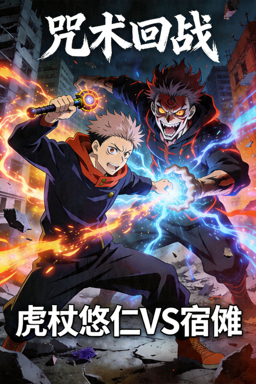 动漫《咒术回战》海报，虎杖悠仁与宿傩的战斗画面